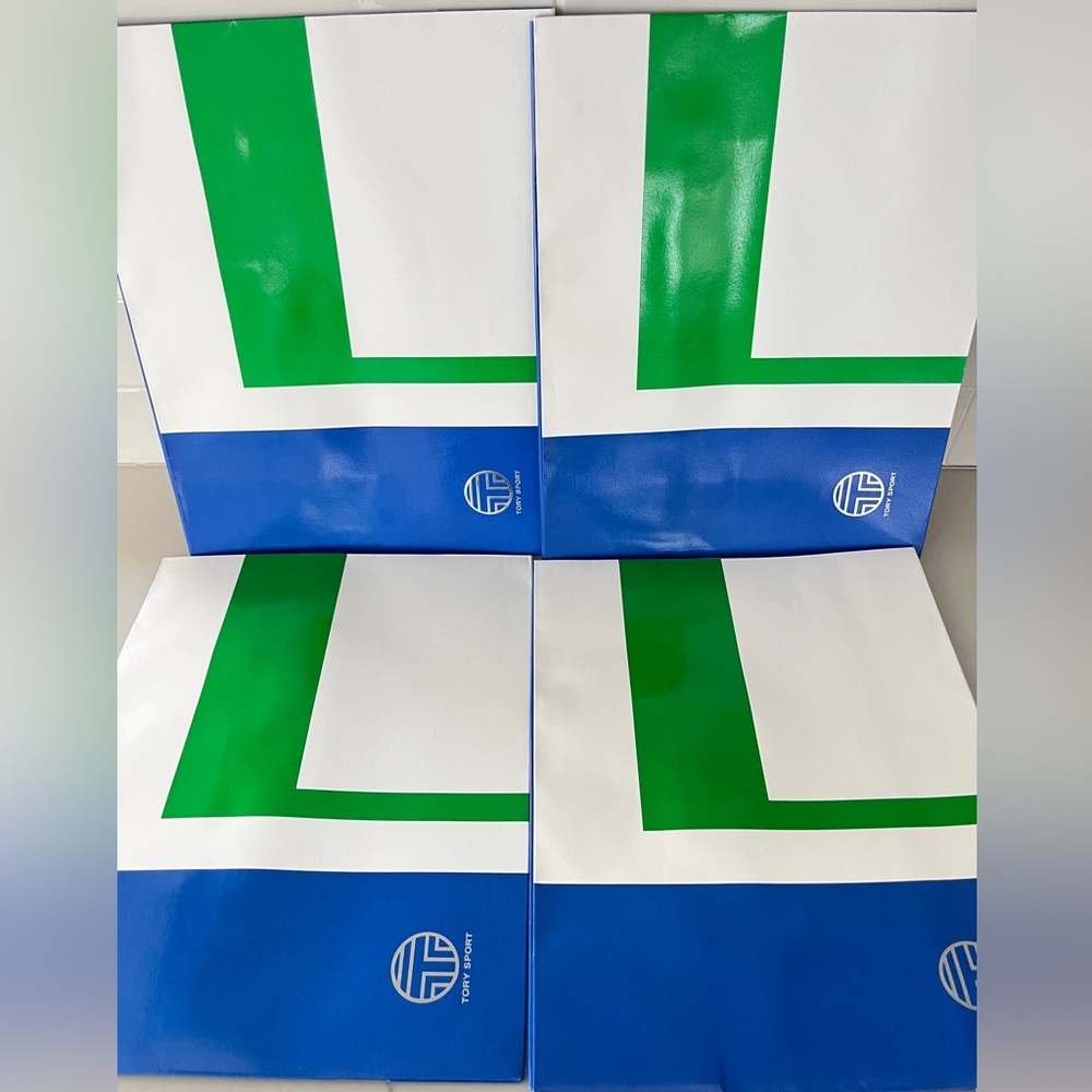 Tory Burch set of 4 gift wrap Green and Blue Logo Tote Bags Velcro!